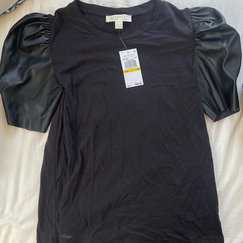 Women’s Faux Leather Puff Sleeve Tee Shirt